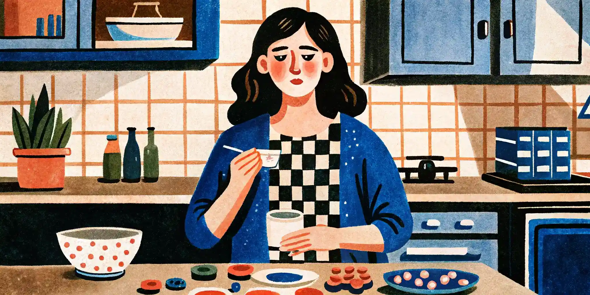 woman is taking pills at the kitchen