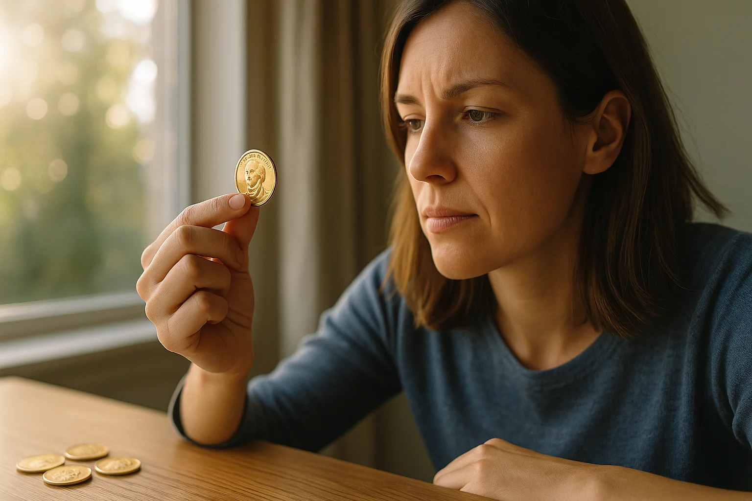 A focused woman examines a golden George Washington dollar coin near a window, holding it up to study the details on the obverse side.