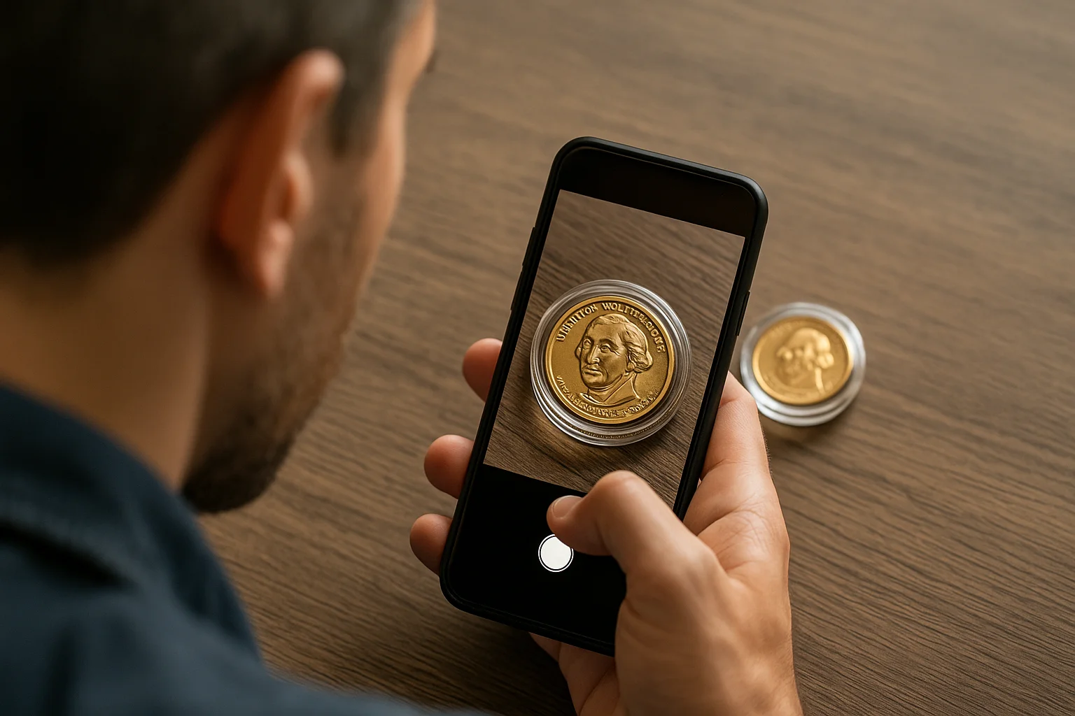 A man photographs a George Washington dollar coin with his smartphone to check its features with a special app.