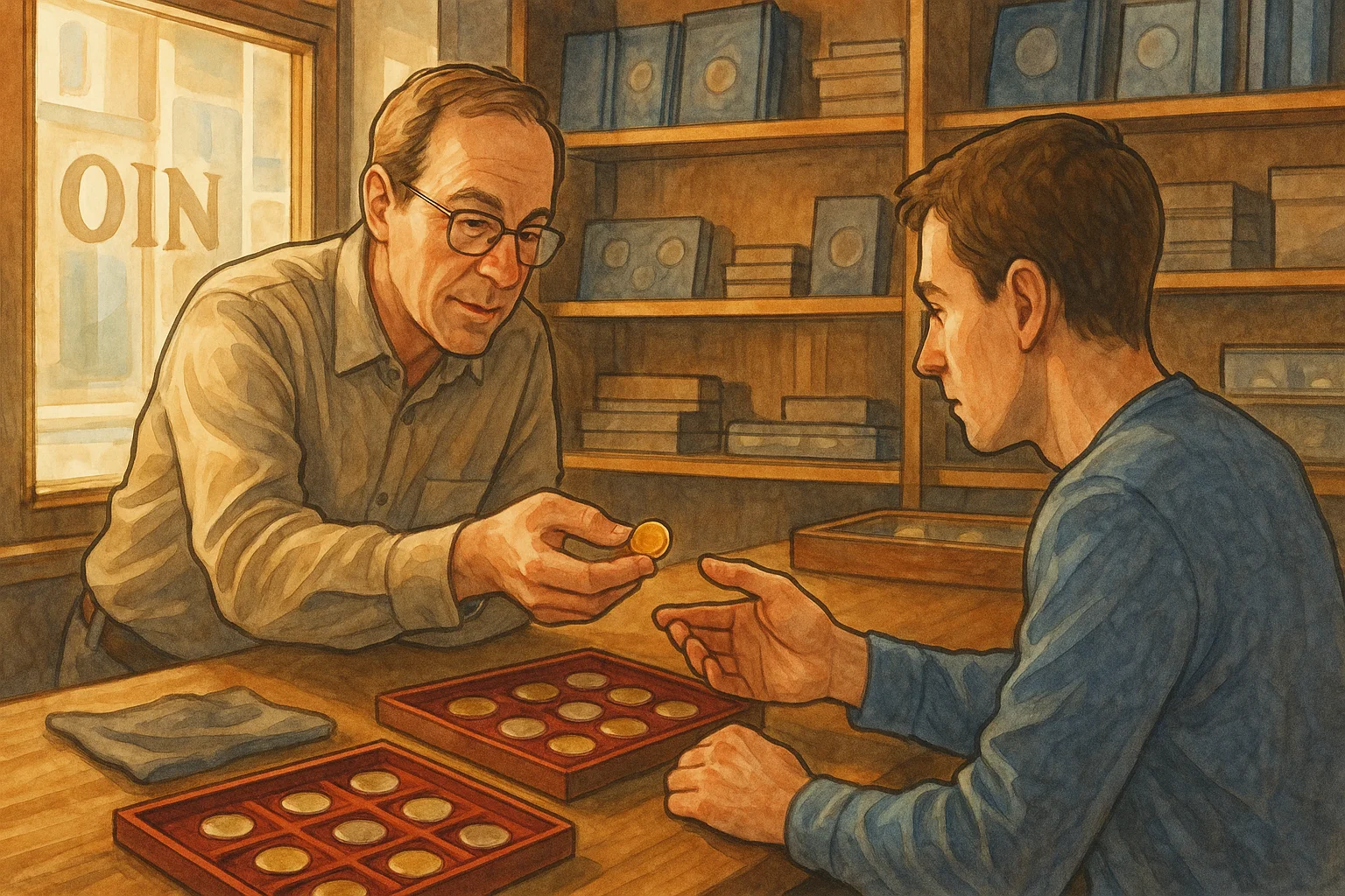 A dealer shows a coin to a collector in a local antique shop.